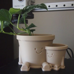 May include: A beige planter with a smiling face and legs, holding a smaller beige planter with a smiling face. A green plant with silver leaves is growing in the larger planter.