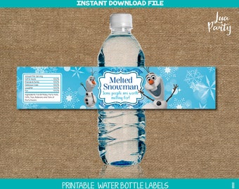 Frozen melted snowman water bottle labels print yourself, Frozen birthday water bottle labels, Melted Olaf water labels, Frozen decoration