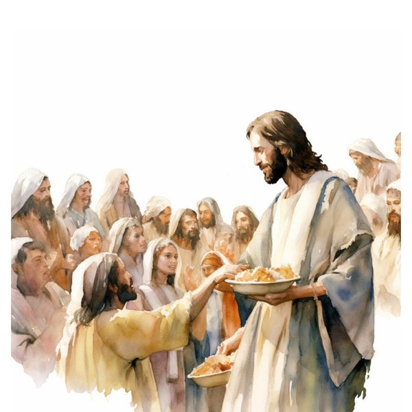 Jesus Feeding The 5000 Watercolor Cotton Fat Quarter Panel