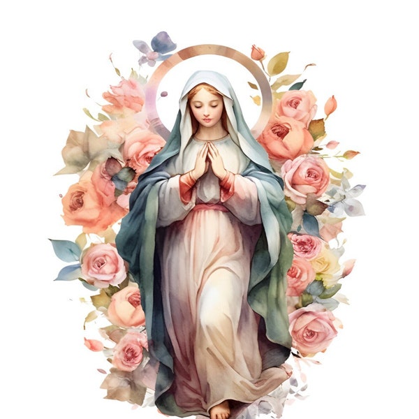 Blessed Mother Holy Mary Watercolor Cotton Fat Quarter Panel