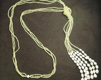 Vintage Multi-Strand Peridot Freshwater Pearl Tassel Necklace, Boho Beaded Knot