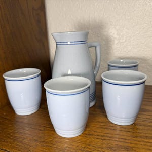 May include: A light blue ceramic pitcher and four matching cups. The pitcher has a handle and blue stripes. The cups are cylindrical with a blue rim. The set is displayed on a wooden surface.