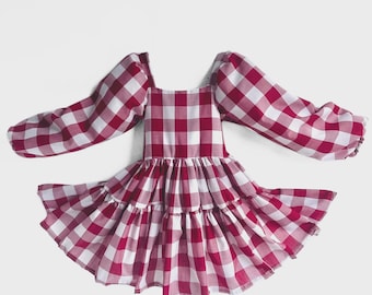 Berry Gingham Cotton Tiered Dress: Handmade Burgundy Check Balloon Sleeves