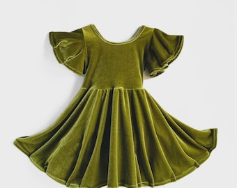 Velvet Moss Twirly Dress: Ballerina Style Flutter Sleeve Circle Skirt Dress Olive Green