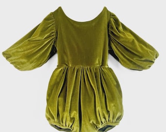 Velvet Moss Bubble Romper: Handmade Green Play-suit