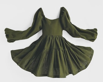 Olive Flutter and Bloom Dress: Woven Cotton Tiered Dress with Balloon Sleeves in Green