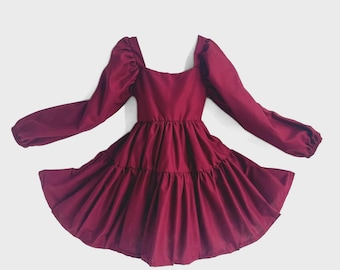 Berry Flutter and Bloom Dress: Cotton Tiered Dress with Balloon Sleeves in Burgundy