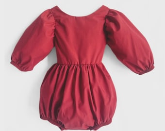 Ruby Bubble Romper: Handmade Red Cotton Play-suit