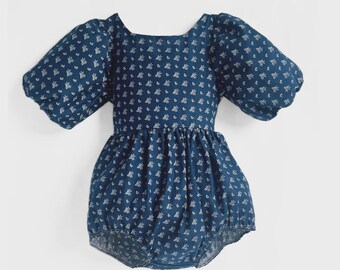 Navy Ditzy Floral Bubble Romper: Handmade Cotton Play-suit