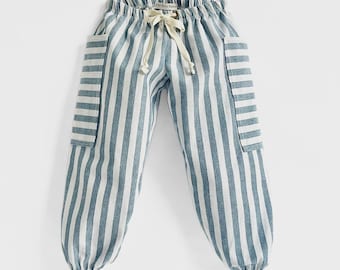 Blue Striped Balloon Leg Pocket Pants: Handmade Cotton Oversized Pockets, Drawstring, Barrel Pants, Joggers