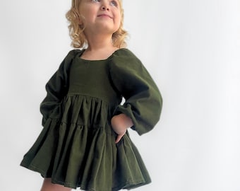 Olive Flutter and Bloom Dress: Woven Cotton Tiered Dress with Balloon Sleeves in Green