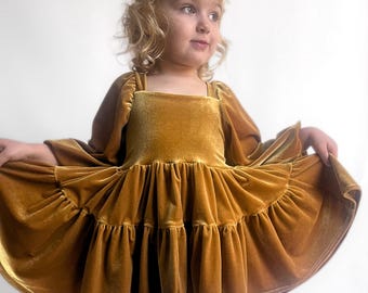 Velvet Gold Flutter and Bloom Dress: Tiered Dress with Balloon Sleeves in Mustard