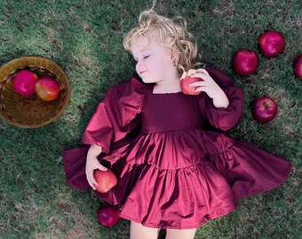 Berry Flutter and Bloom Dress: Cotton Tiered Dress with Balloon Sleeves in Burgundy
