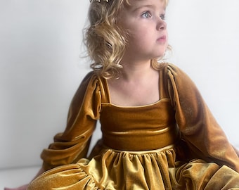 Velvet Gold Flutter and Bloom Dress: Tiered Dress with Balloon Sleeves in Mustard