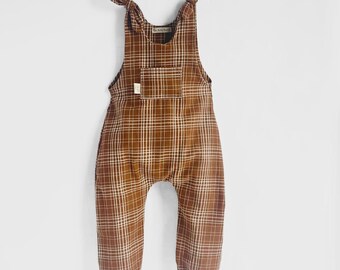Brown Plaid Cotton Jumpsuit: Handmade Shoulder-Tie Overalls