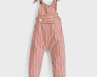 Red Striped Shoulder Tie Jumpsuit: Handmade Gender Neutral Balloon Leg Tie Overalls with pocket