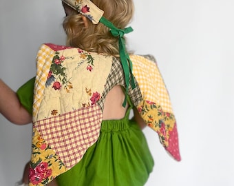 Handmade Quilted Fairy Costume: Wings, Crown & Wand - Upcycled Vintage Fabric