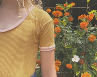 Vintage 70s Ringer Tee: Handmade Mustard Yellow Rib Knit Top