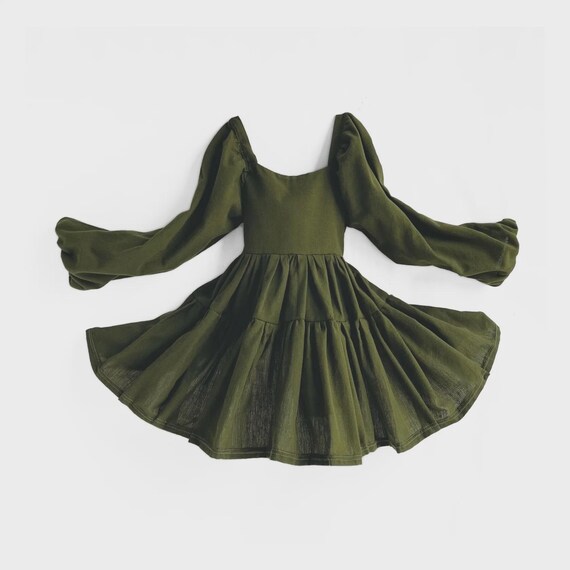 olive green tiered dress Olive Flutter and Bloom Dress: Woven Cotton Tiered Dress with Balloon  Sleeves in Green