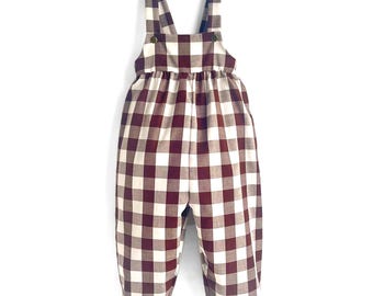 Brown Gingham Jumpsuit: Brown and White Cotton Checks Snap Overalls