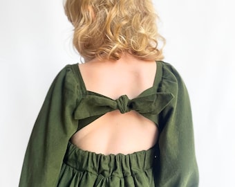 Olive Flutter and Bloom Dress: Woven Cotton Tiered Dress with Balloon Sleeves in Green