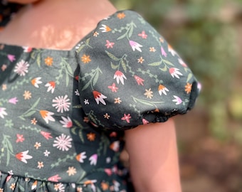 Floral Cotton Tiered Dress: Forest Green Vintage Style