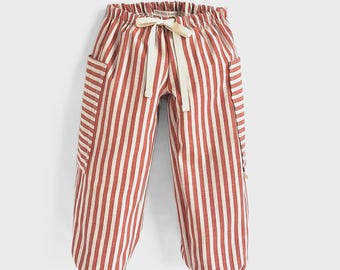 Red Striped Balloon Leg Pocket Pants: Handmade Cotton Oversized Pockets, Drawstring, Barrel Pants