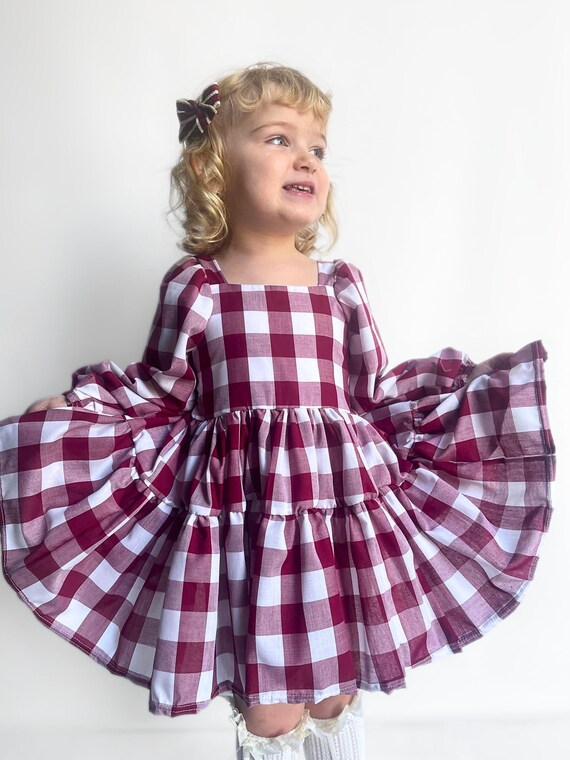 Berry Gingham Cotton Tiered Dress: Handmade Burgundy Check Balloon Sleeves Berry Gingham Cotton Tiered Dress: Handmade Burgundy Check Balloon Sleeves