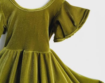 Velvet Moss Twirly Dress: Ballerina Style Flutter Sleeve Circle Skirt Dress Olive Green
