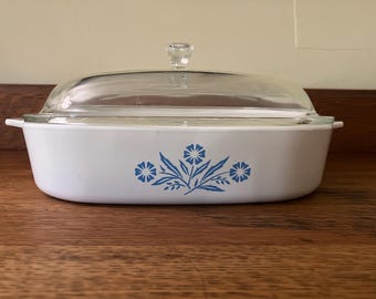 Vintage Cornflower Blue Corning Ware Casserole Dish with Glass Lid