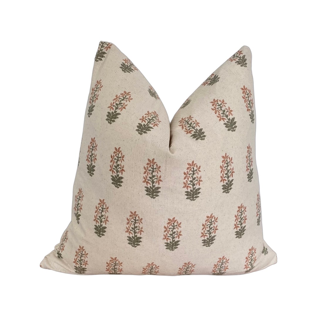 Cream, Green, and Rust Red Floral Print Throw Pillow Cover, Cover Only ...