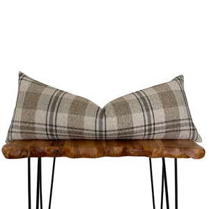 Long Lumbar Beige, Gold, Gray Plaid Check Throw Pillow Cover, Cover Only