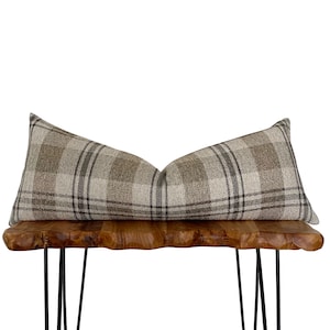 Long Lumbar Beige, Gold, Gray Plaid Check Throw Pillow Cover, Cover Only, Double Sided