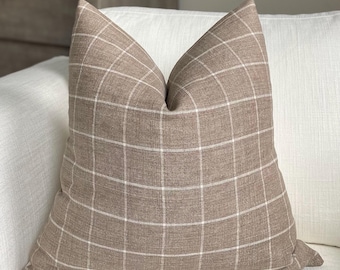 Taupe and Cream Linen Window Pane Pillow Cover, Cover Only