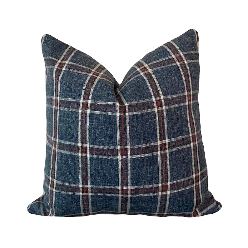 and Blue Plaid Throw Pillow Cover Linen Rustic Farmhouse Custom Size Square or Lumbar Pillow Red Cover Only White