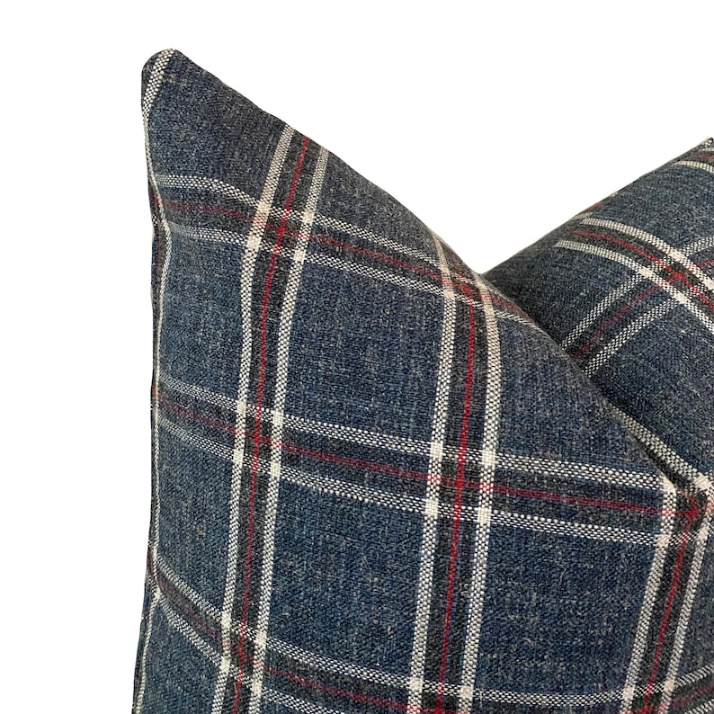 and Blue Plaid Throw Pillow Cover Linen Rustic Farmhouse Custom Size Square or Lumbar Pillow Red Cover Only White