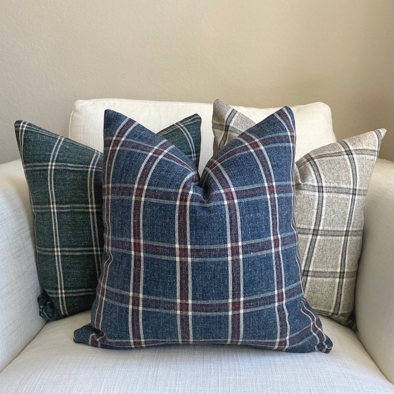 and Blue Plaid Throw Pillow Cover Linen Rustic Farmhouse Custom Size Square or Lumbar Pillow Red Cover Only White