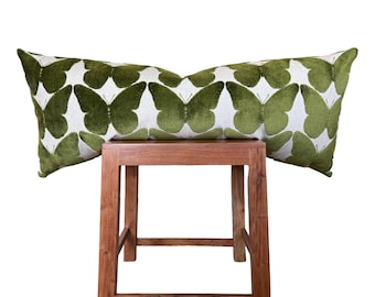 Long Lumbar Green Butterfly Velvet Throw Pillow Cover, Cover Only