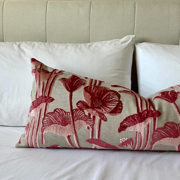 Long Lumbar Pink Velvet Floral Print Throw Pillow Cover, Cover Only