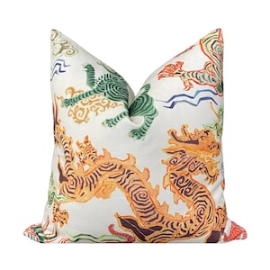 Dragon and Tiger Chinoiserie Throw Pillow Cover, Cover Only, Double Sided
