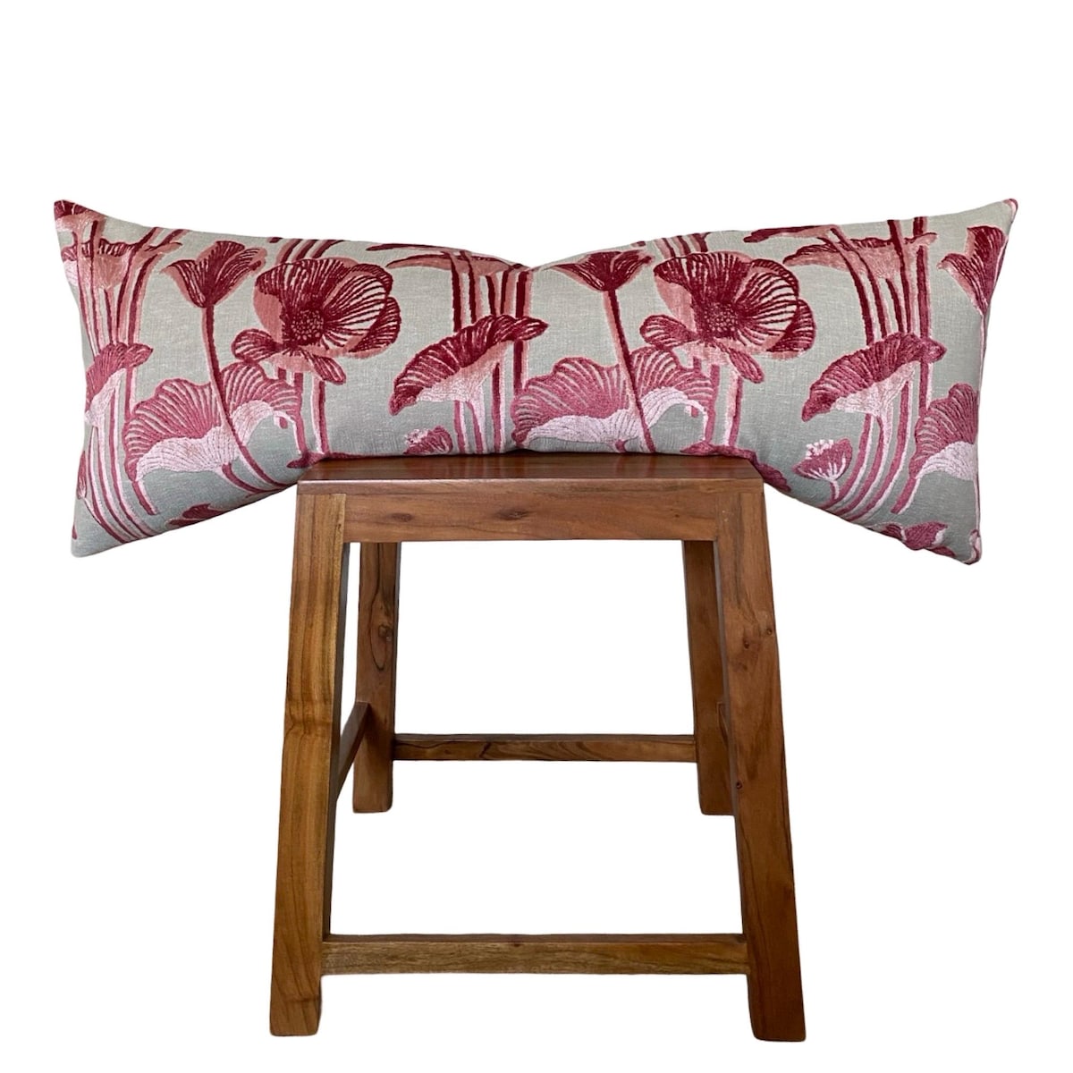 Long Lumbar Pink Velvet Floral Print Throw Pillow Cover