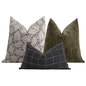 Charcoal Gray and Olive Green Pillow Set, Cover Only, Double Sided