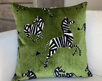 Green Zebra Velvet Throw Pillow Cover, Cover Only