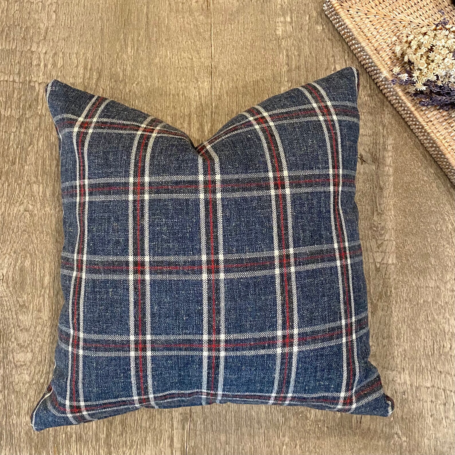 Red White and Blue Plaid Throw Pillow Cover Linen Rustic Etsy
