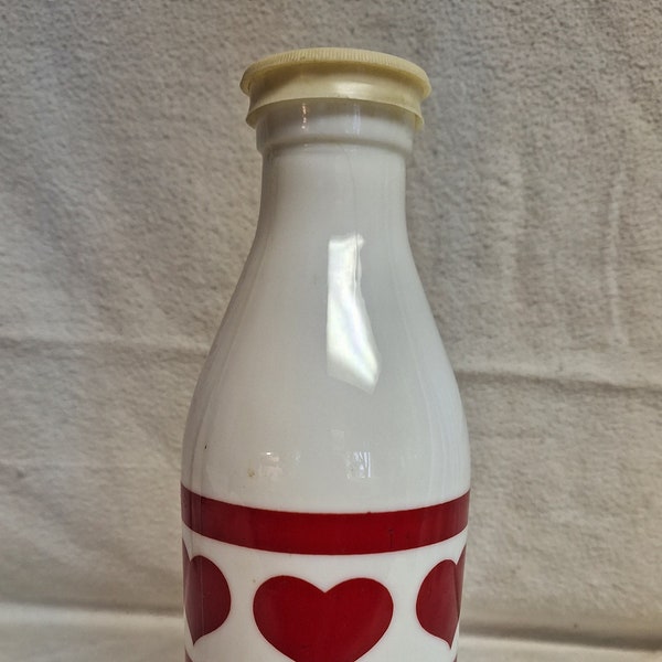 Vintage Milk Glass Milk Bottle with Original Lid Red and White Vintage Glass Milk Bottle