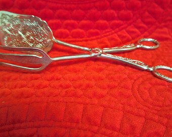 Vintage Silver Plated Cake Server, Pastry Server, Vintage Silver Ornate Tongs, Scissor Style Silver Plated Tongs Victorian Tongs