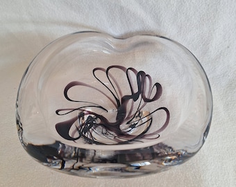 Vintage Max Verboeket MCM Designer Glass Ashtray signed.  Art Nouveau Glass Amethyst Swirl Design Bowl