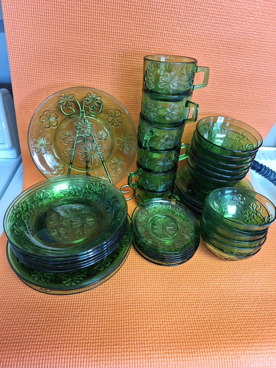 Vintage Daisy Green Glass Dinnerware Set, Stamped France 42 pieces