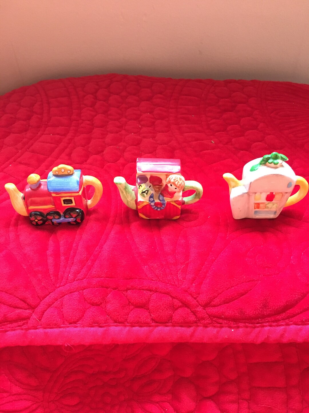 Mini Tea Pot Red Rose Tea Pot Miniatures Vintage Tea Pot Collectibles