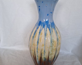 Bill Campbell Art Pottery Studio Vase Blue Crystal Yellow Burst Brown Glaze Vase Signed 14"